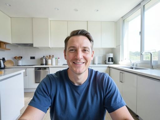 Video call participant in a bright kitchen